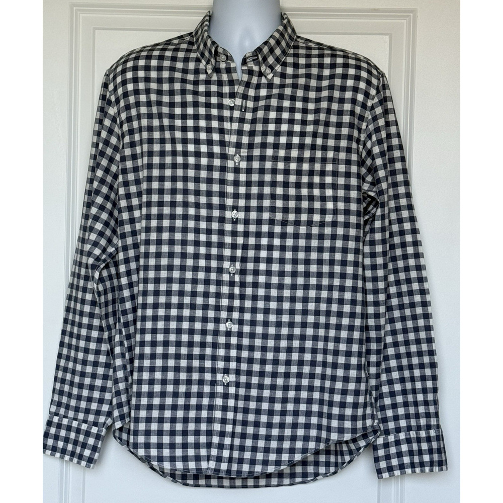 J. CREW Slim Fit Gingham Button-Down Shirt L Blue White Linen/Cotton Long Sleeve